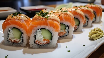 A plate of sushi rolls with salmon, cream cheese, and cucumber.