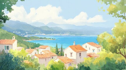 Fototapeta premium A charming coastal town with pastel homes, vivid turquoise ocean in the background, bathed in golden sunlight, rendered in watercolor and oil painting style