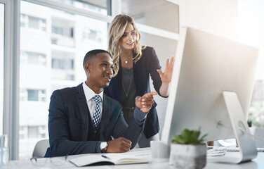 Computer, feedback and manager with businessman in office for opinion, review or help on project. Discussion, technology and mentor with male financial planner for advice on revenue report for client