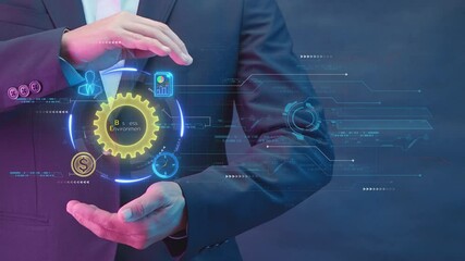 Business Environment concept, the sum total of all external and internal factors that influence a business. Businessman shows glowing neon line of Business Environment icon on virtual screen.