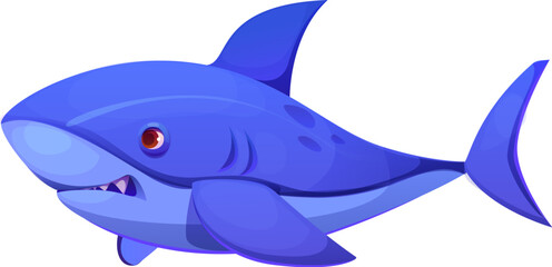 Cartoon shark character. Isolated vector powerful and magnificent sea animal, apex predator living in the ocean. Kid book or game personage with streamlined sleek body, sharp teeth and distinctive fin