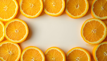 Fototapeta premium A frame of fresh orange slices on a white background.