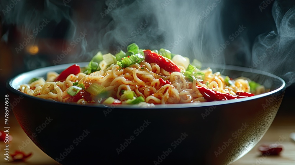 Wall mural A steaming bowl of spicy vegetable ramen with vegetables and chili.