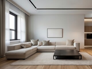 Modern Living Room with Beige Sectional Sofa and Black Coffee Table
