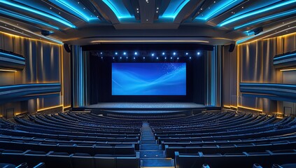 An elegant and spacious theater with an impressive stage, featuring large LED screens