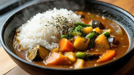 A steaming bowl of vegetable curry rice with Japanese curry sauce.