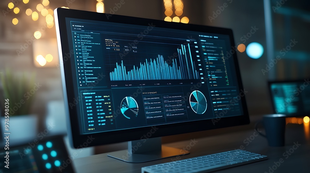 Poster Computer Monitor Displaying Charts and Graphs with Financial Data