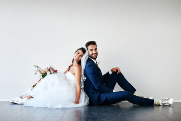 Bride, groom and smile mockup for marriage with flower bouquet, wedding and celebration together....