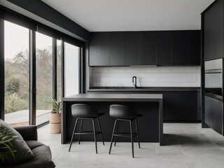 Modern Black Kitchen with Island, Two Stools, and Patio View
