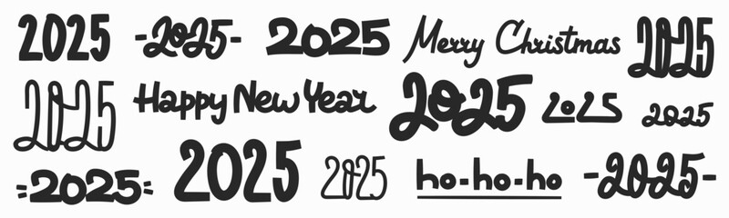 2025 vector brush stroke lettering set. Expressive modern graffiti handwritten design element for calendar, New Year and Cristmass greeting card. Hand drawn black inscription