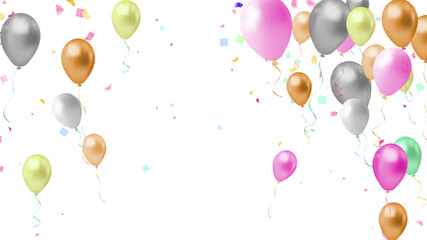 Balloon happy birthday banner, happy congratulations celebration anniversary luxury party shiny gold silver balloons and confetti banner poster, vector template