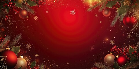 Festive Christmas border with red and gold ornaments and pine branches, copy space on red background