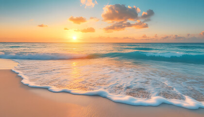 Fototapeta premium Crystal-clear turquoise waters with gentle waves lapping at a pristine beach under a golden sunset