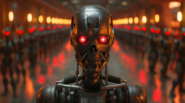 A robot with glowing red eyes, powered by artificial intelligence, sits in a factory.