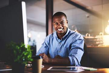 African, businessman and tech in portrait in office as corporate communication specialist at night. Male person, working late and computer for connection, internet or company as professional in Kenya