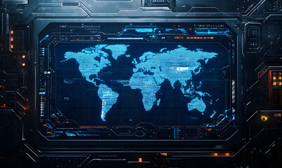 Obraz premium Futuristic interface with world map, showing digital connection, networking, technology and communication.