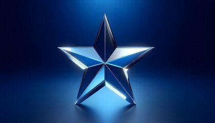 Glass star on blue background, symbolizing excellence and achievement. 3D Rendering