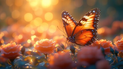 A butterfly resting on roses during a golden sunset.
