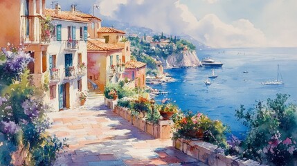 Naklejka premium A charming coastal town in the soft morning light, narrow streets and colorful houses coming to life as the sun rises, watercolor