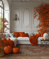 Aesthetic room interior design with Halloween elements. Wall with decoration in the apartment. Holiday pumpkins in the room.