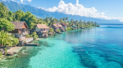 Obraz premium Vibrant tropical village nestled along the coast, colorful huts line the shore, surrounded by dense palm trees and crystal-clear blue lagoon waters