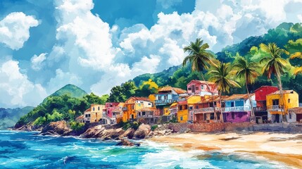 Naklejka premium Vibrant coastal village with rainbow-colored buildings, palm trees swaying under a bright sky, watercolor hues capturing the lively atmosphere and tranquil ocean waves