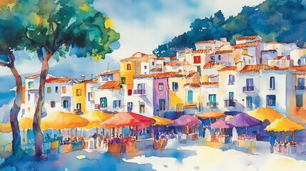 Obraz premium Watercolor painting of a vibrant coastal village, pastel-colored houses lining the shore, a sparkling turquoise sea reflecting the clear blue sky, creating a serene summer scene