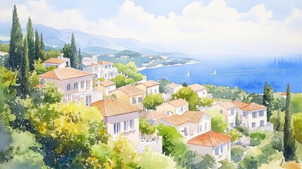 Obraz premium Vibrant coastal village with rainbow-colored buildings, palm trees swaying under a bright sky, watercolor hues capturing the lively atmosphere and tranquil ocean waves