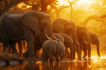 Elephant family drinking at sunset by water in savanna