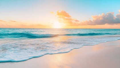 Obraz premium Crystal-clear turquoise waters with gentle waves lapping at a pristine beach under a golden sunset
