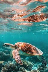 Fototapeta premium Sea turtle swimming gracefully over coral reef in clear blue wat