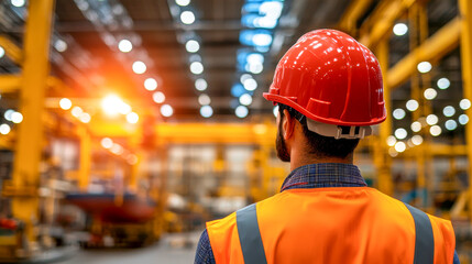 Obraz premium Industrial Visionary: A lone worker, clad in safety gear, stands with his back to the camera, gazing at the intricate machinery of a bustling industrial factory. The image captures the dedication, 