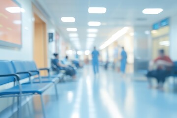 Fototapeta premium Blurry view of a hospital corridor with seating and medical staff in the background.