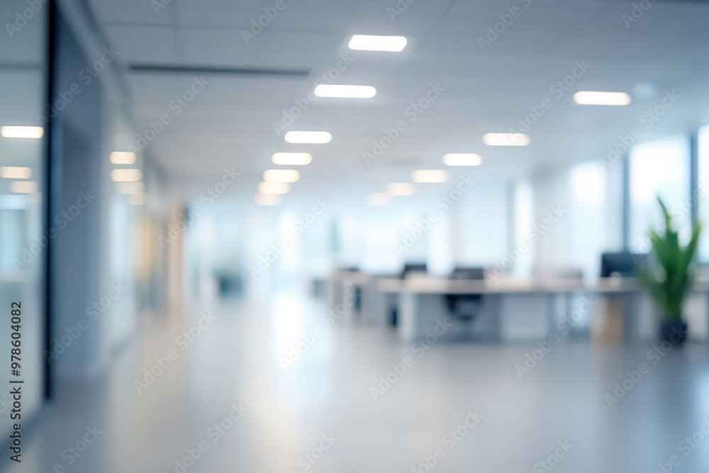 Poster blurry view of a modern office space with desks and large windows.
