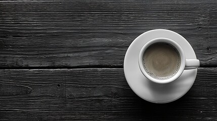 Cup of Coffee on Wooden Table Black and White Photograph Top View : Generative AI