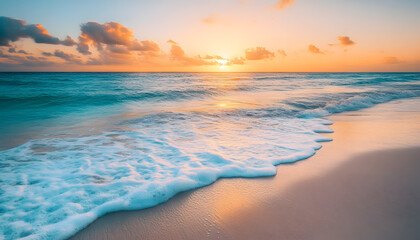 Fototapeta premium Crystal-clear turquoise waters with gentle waves lapping at a pristine beach under a golden sunset