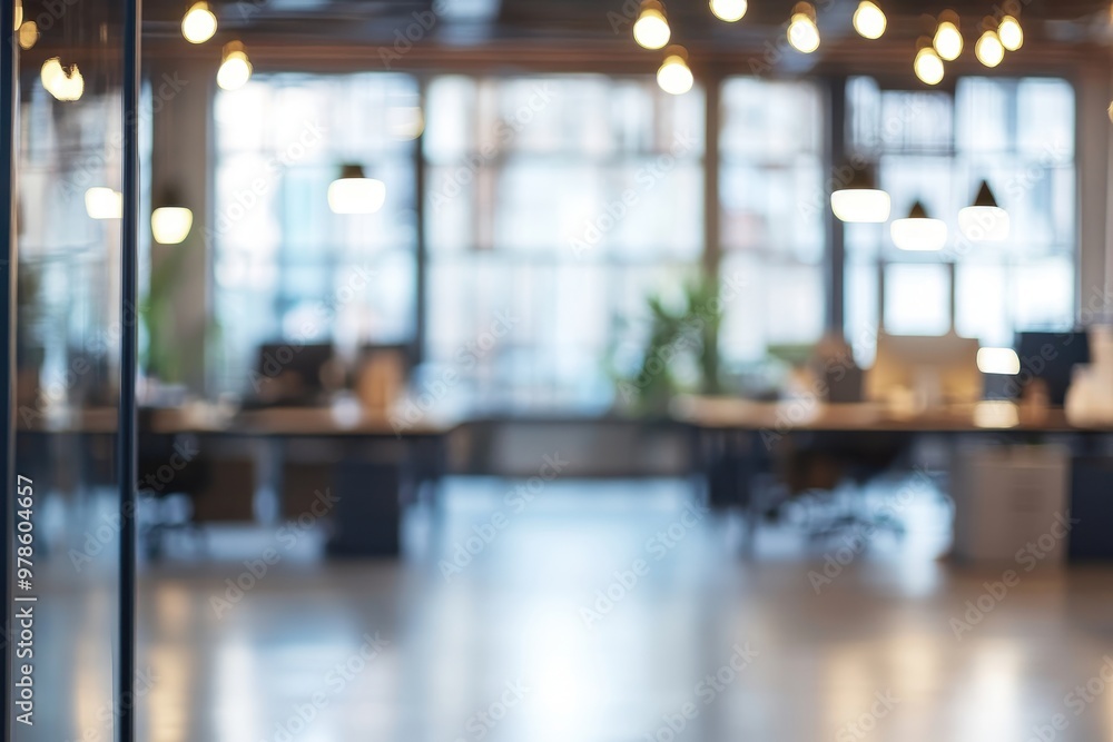Poster blurry view of a modern office space with desks and large windows.