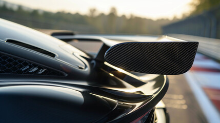 A medium close-up of a sports car's carbon fiber spoiler and rear design, showcasing the attention to aerodynamics and detail.