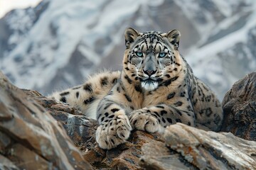 Naklejka premium Snow leopard lounging on rocky terrain with snowy mountains in b