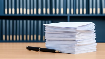 Stack of papers with a pen, symbolizing contracts, legal documents, and corporate work. Concept of business administration and paperwork.