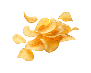 Potato chips that are crispy are set against a white backdrop. Perfect for advertising, social media content, and the design of food and snack packaging. Generative AI