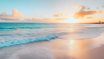 Fototapeta premium Crystal-clear turquoise waters with gentle waves lapping at a pristine beach under a golden sunset