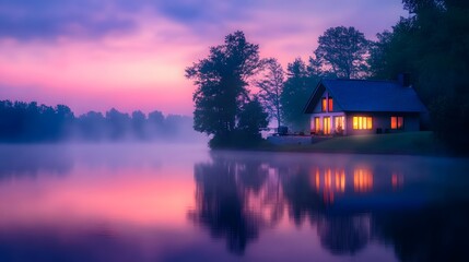 Fototapeta premium Picturesque house by a calm pond at dawn, illuminated by soft pink and purple hues of the sunrise, gentle reflections on the water adding to the tranquil atmosphere, warm, diffused light enhancing