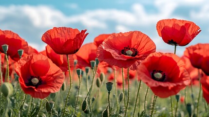 Obraz premium A sea of red poppies in full bloom, swaying softly beneath a bright blue skyThe scene captures the essence of spring, with every petal glowing in the sunlight