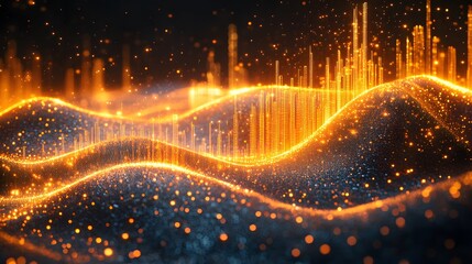 Fototapeta premium Gold stock investment chart showing a rising profit curve, with a 3D background of financial trade and economic growth.