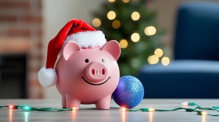 Piggy bank wearing Santa hat with Christmas lights. Concept of holiday savings and festive financial planning.