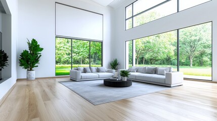 Fototapeta premium Bright and Spacious Living Room with Watercolor Effects for Real Estate Presentation with Copy Space