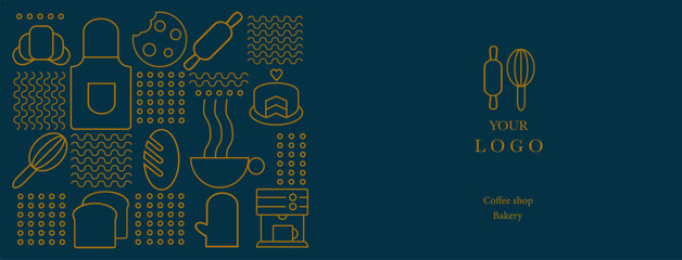 Hand drawn illustration of Bakery and Coffee. Icons. Abstract geometric line background. Gold luxury. Pattern for cover design, food package, menu, background, caf&eacute; wall, coffee shop, web banner