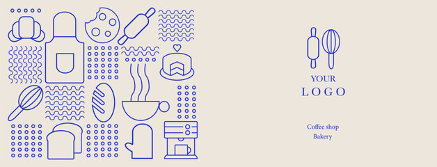 Hand drawn illustration of Bakery and Coffee. Icons. Abstract geometric line background. Gold luxury. Pattern for cover design, food package, menu, background, café wall, coffee shop, web banner