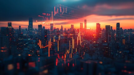 Fototapeta premium Virtual trading interface hovering over a blurred city skyline, symbolizing business growth and market trends.